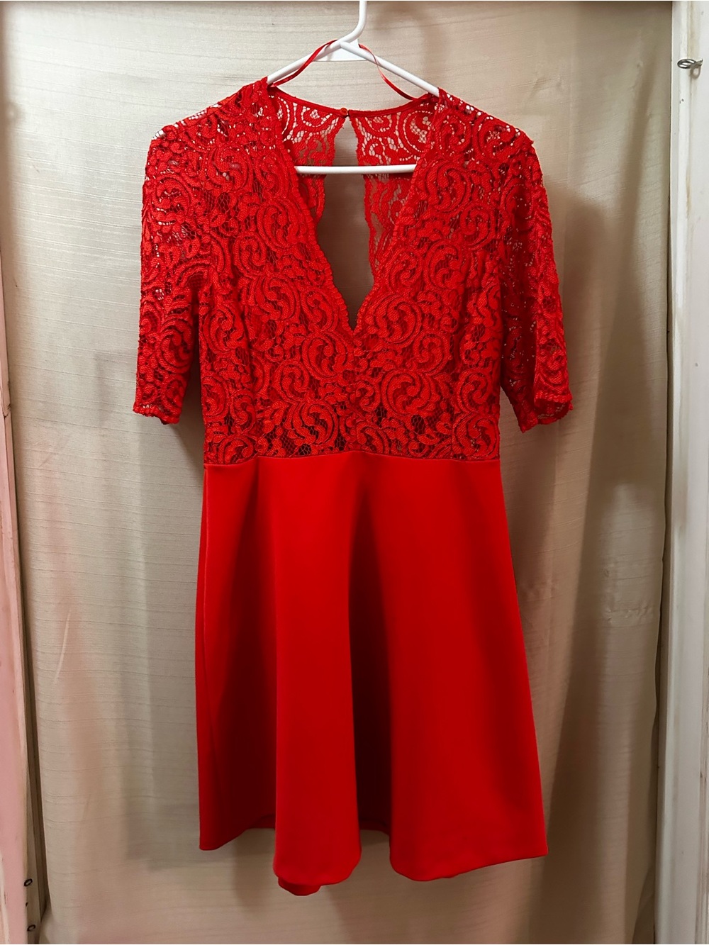 Zara Woman Coral Red Lace Deep V Open Back Fit Flare Cocktail Party Dress NWT